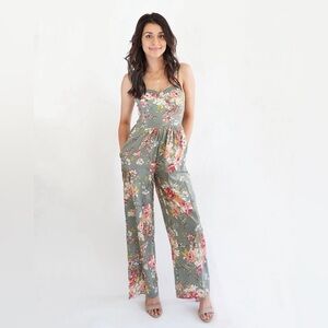 Band Of Gypsies Floral Print Bustier Wide Leg Sleeveless Jumpsuit Size M, sage